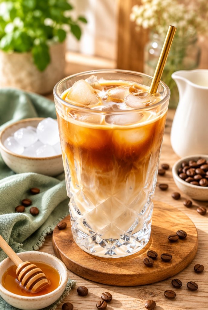 Iced Honey Latte mit Eiswürfeln, cremiger Milch und regionalem Honig